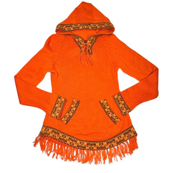 VTG 100% Alpaca Hooded Fringe Sweater Sz.S Orange Cabin Aztec Western Cowgirl - Picture 13 of 14